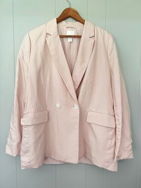 H&M Pale Pink Double-Breasted Linen Blend Lightweight Preppy Jacket Blazer L